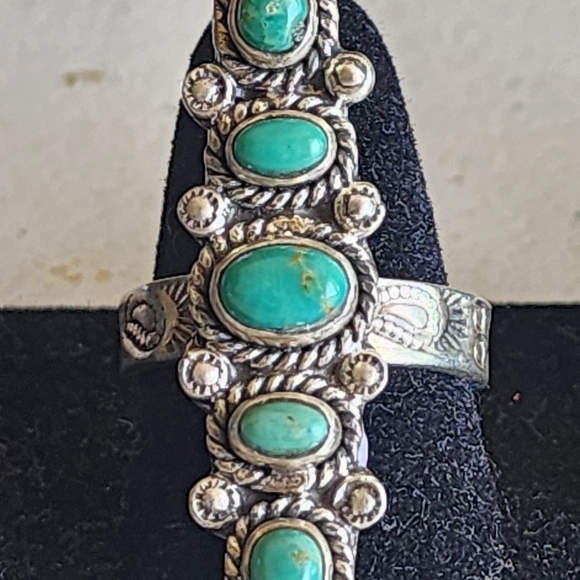 Elegant Long Turquoise Sterling Silver Adjustable Ring Size 8 And Up Cowgirl - Picture 4 of 6